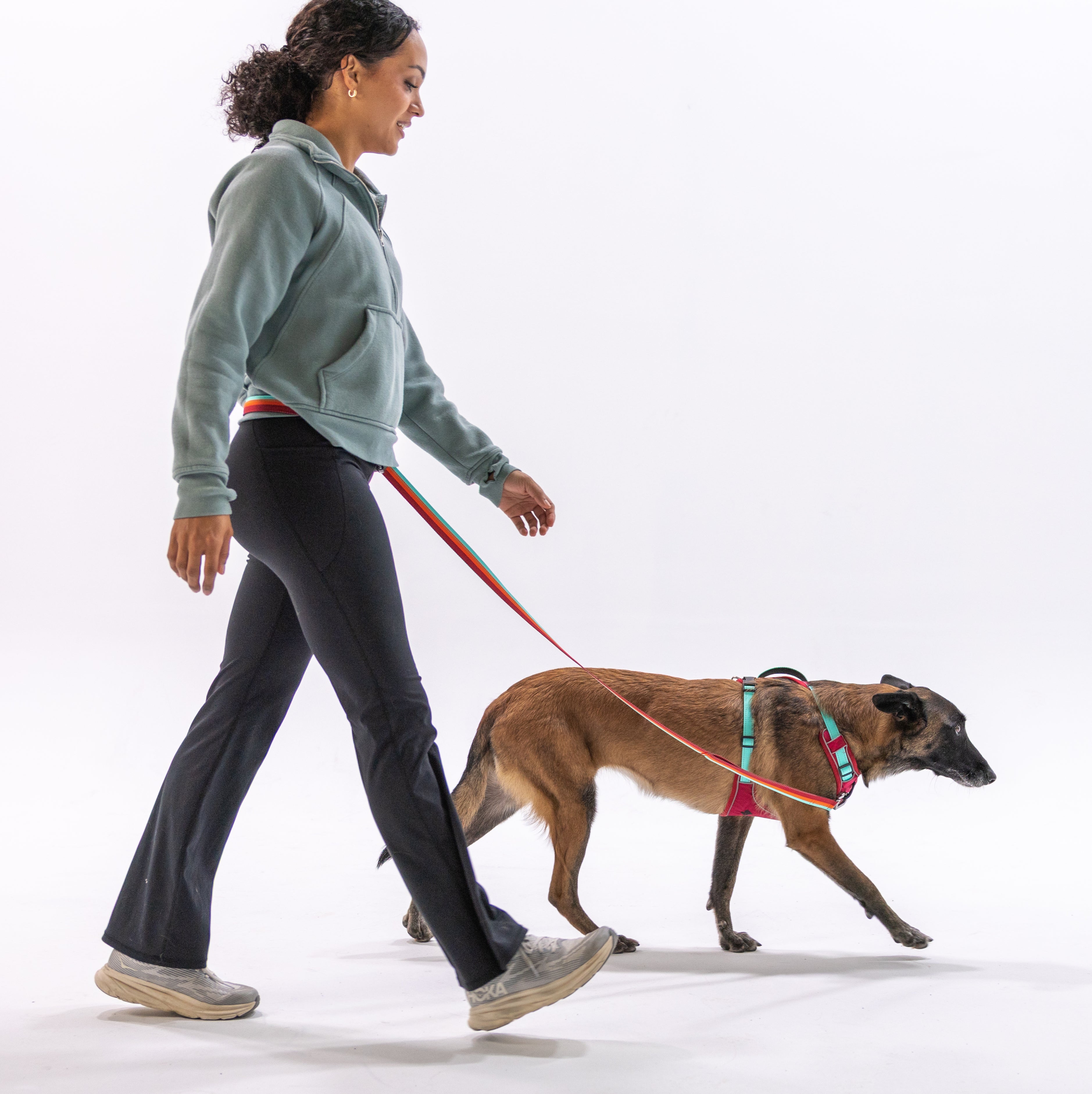 Person walking dog hands-free using DOG iD no-pull harness and Forever Leash clipped around waist