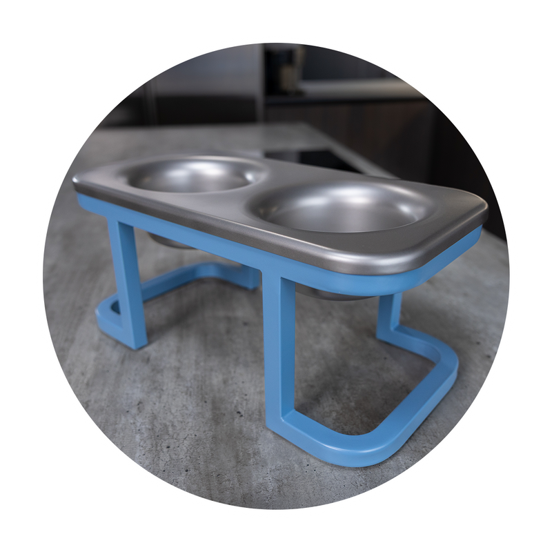 Better bowl quality display - station with two bowls on a blue stand. Heavy-gauge steel. Built to last, backed for life.