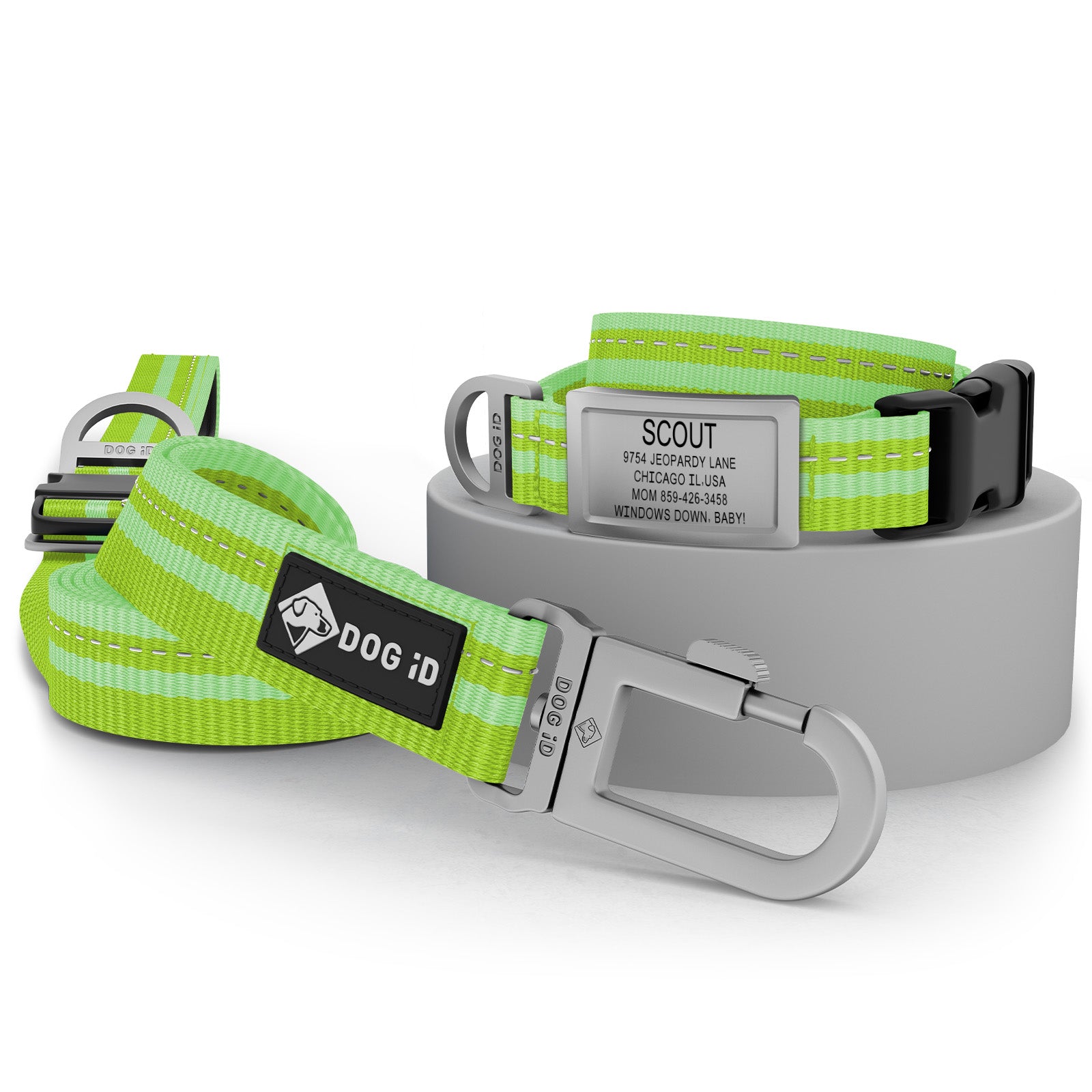 Collar + ID + Leash ID Small Slate Hi-Viz Green