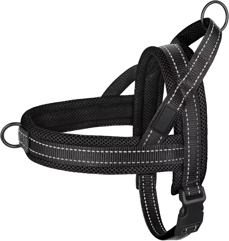 Poor quality competitor dog harness with reflective stripes on a white background. T-shape. Compresses shoulders. Risks long-term injury.